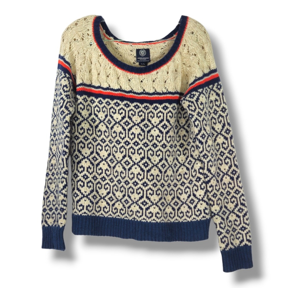 American Eagle Fair Isle Sweater Openwork Yoke Wool Alpaca Ivory Navy Red L